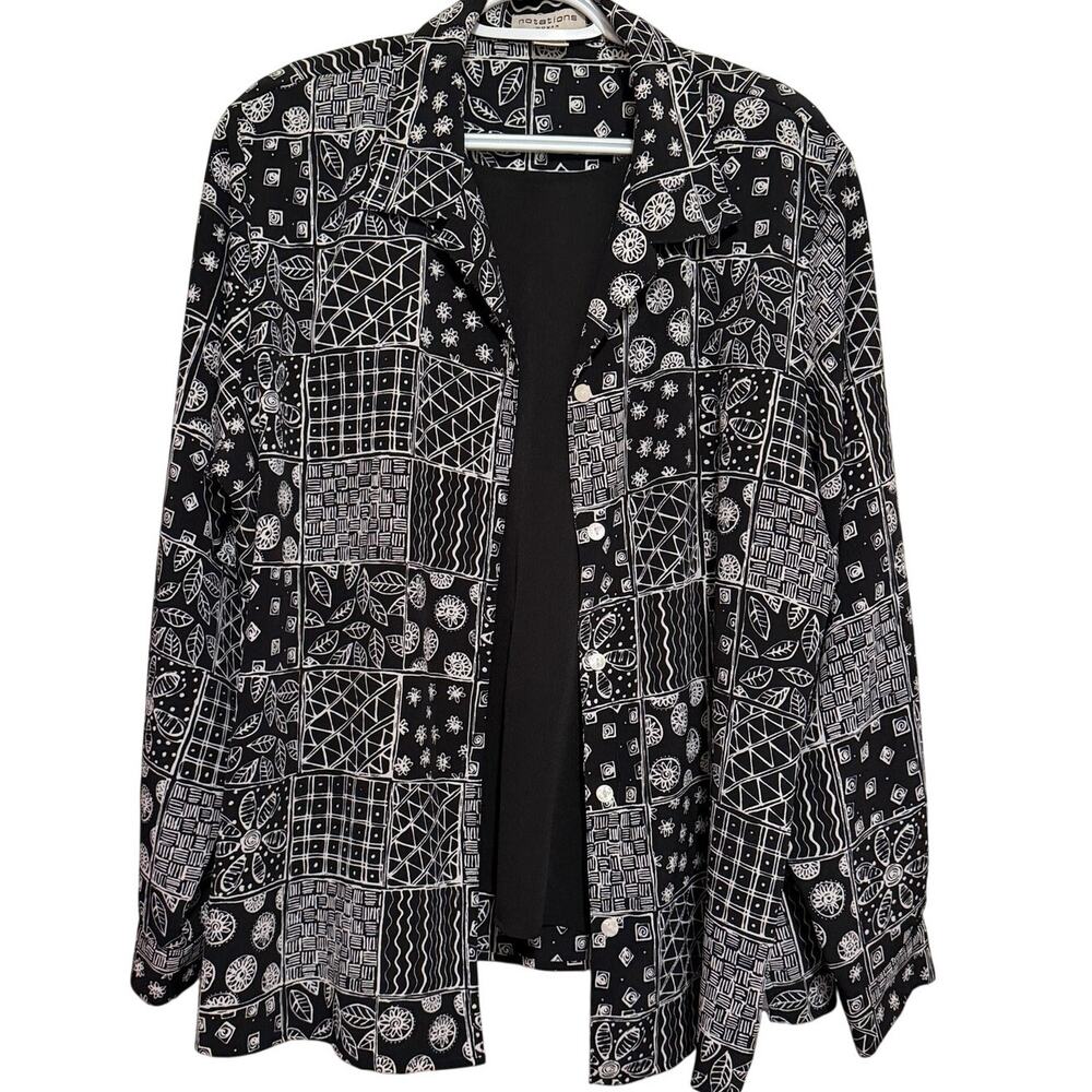 Notations Women's Black White Geometric Patchwork Long Sleeve Blouse Size 1X